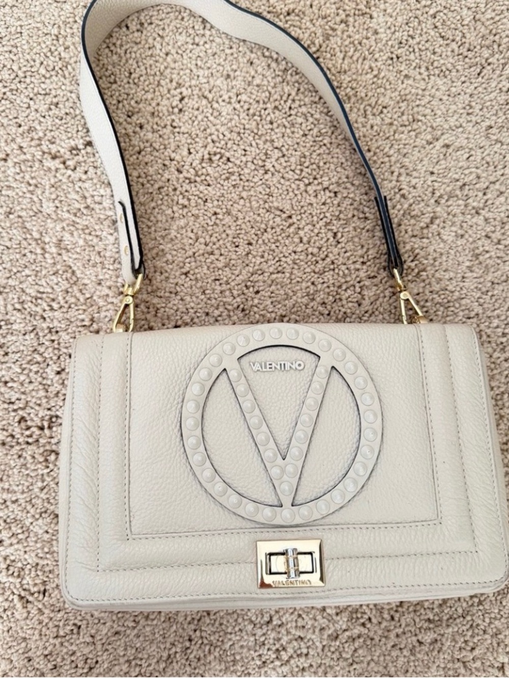 Valentino By Mario Valentino Cream Pebbled Leather Shoulder Bag with V Logo